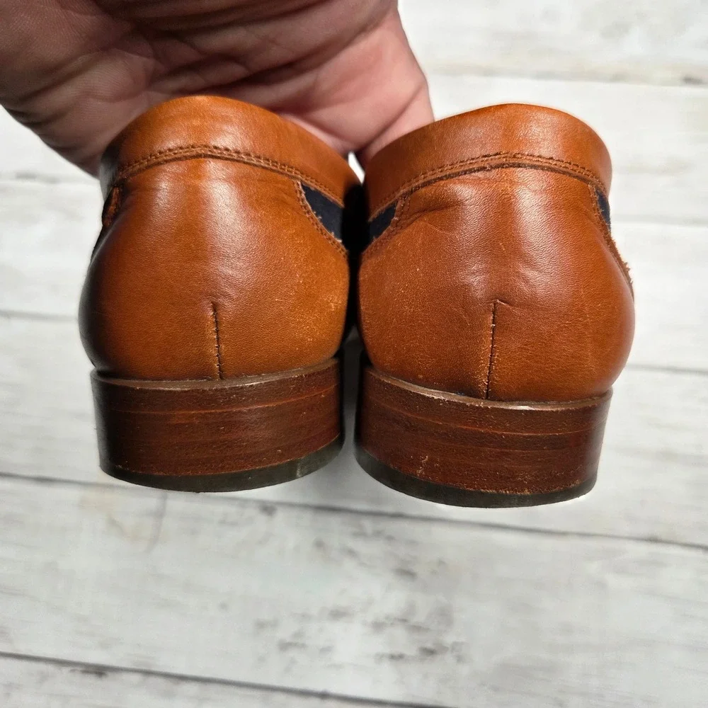 House of Bruar Penny Loafers Men 6 Navy Tan Suede Leather‎ Two Tone Scotland